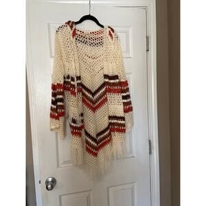 POL Boho fringe knit crochet cardigan jacket hoodie Size Small (S)